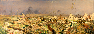 A wartime painting of a landscape with trees and ruins.