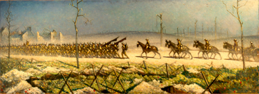 A wartime painting of troops marching along a dirt road.