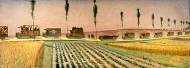 A wartime painting of military convoy travelling along a road.