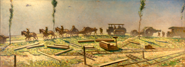 A First World War painting of people riding horses, towing a cannon.