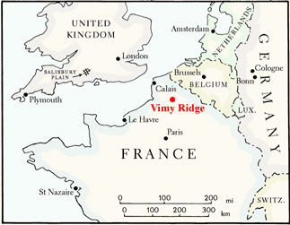 A map showing the location of Vimy Ridge in France.