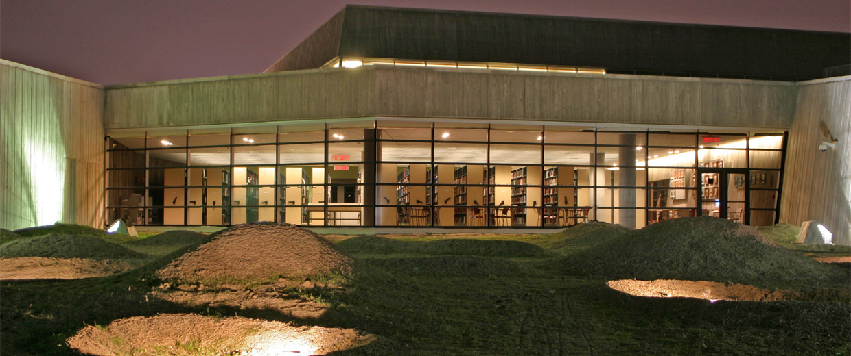 The Canadian War Museum, located in Ottawa, is a striking building illuminated by the moonlight while a lush green grass lies in front of it during the night.