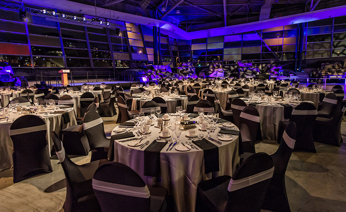 Lebreton Gallery filled with tables and chairs in the Canadian War Museum in Ottawa.