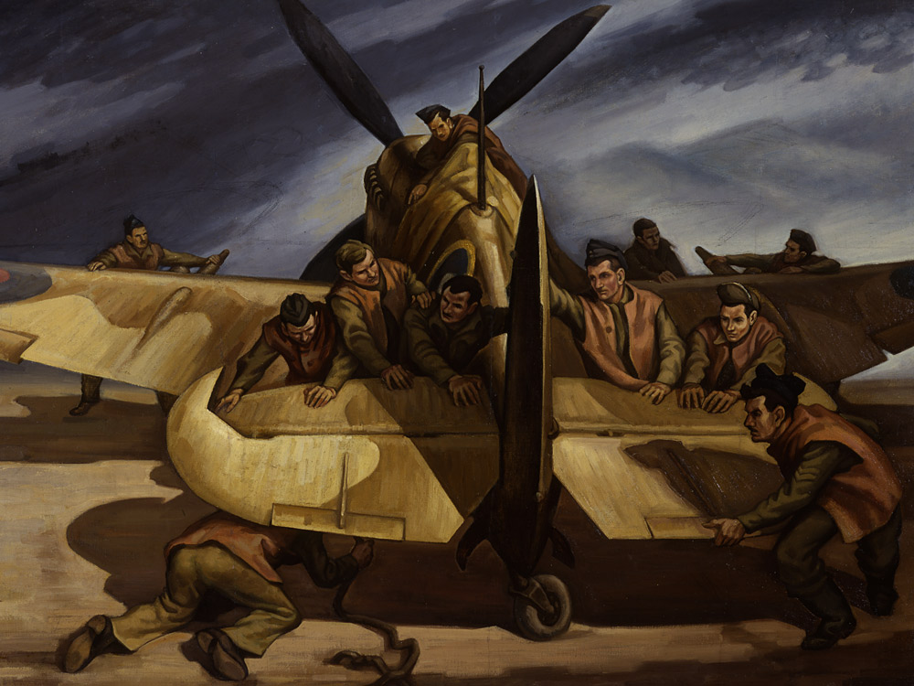 A painting of men working on a plane at the Canadian War Museum in Ottawa.