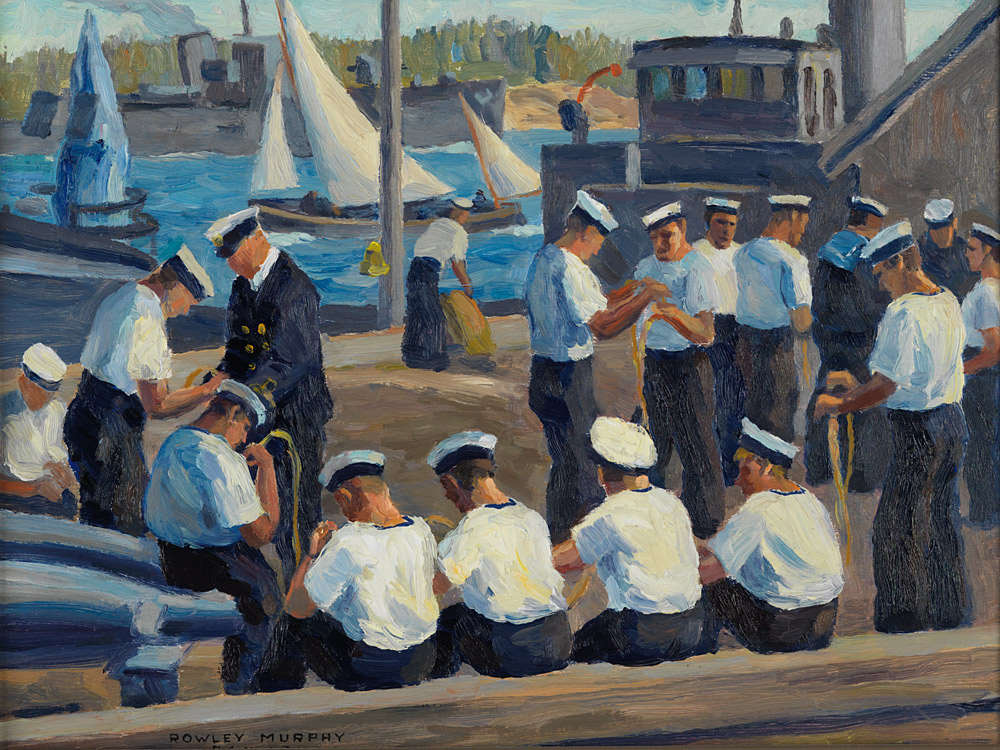 A painting of men in sailor uniforms displayed at the Canadian War Museum.