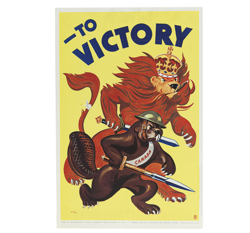 A poster with a bear and a lion on it displayed at the Canadian War Museum in Ottawa.