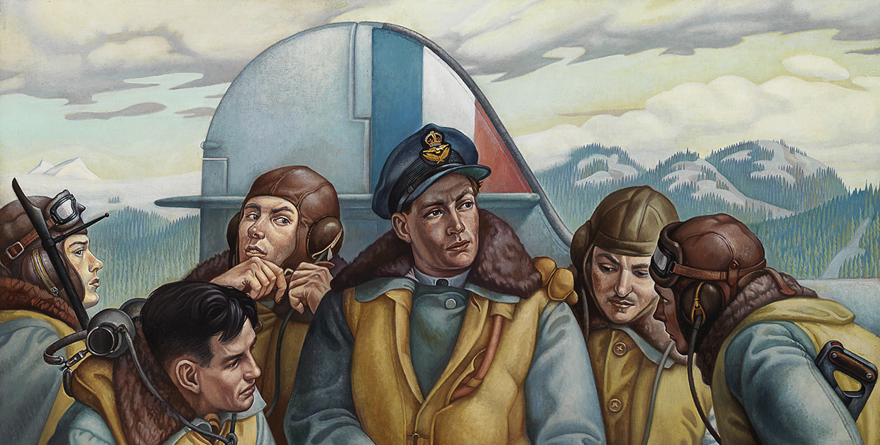 A painting of a group of men standing around a plane at the Canadian War Museum in Ottawa.