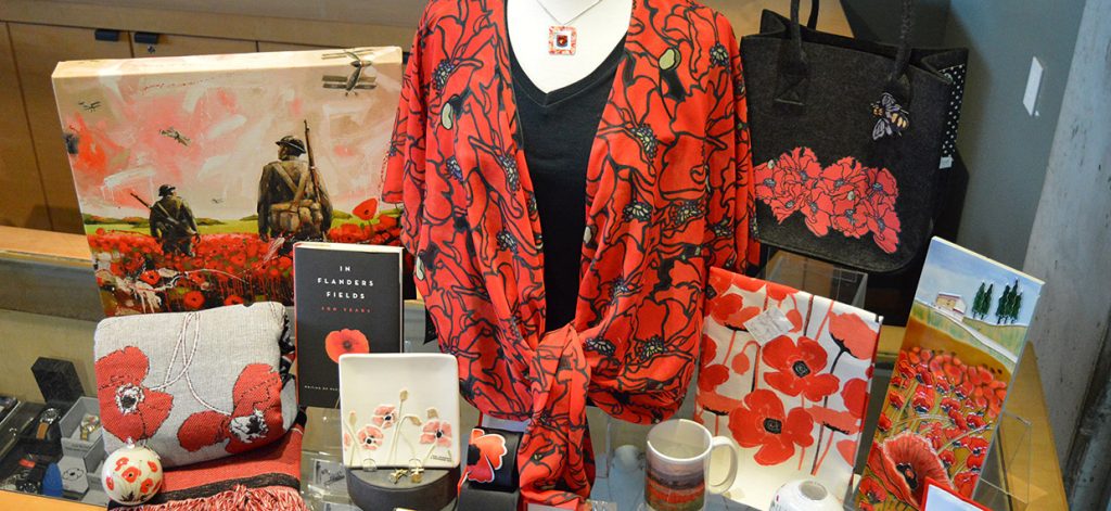 A display of red poppy items at the Canadian War Museum in Ottawa.