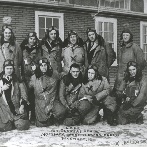 A group of pilots posing for a photo in the snow