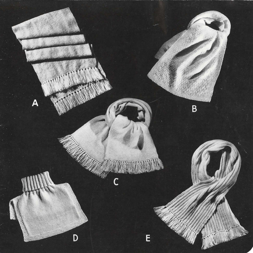 Four different types of scarves are shown in an old black and white photo at the Canadian War Museum in Ottawa.