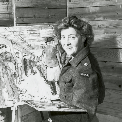 An old black and white photo of a woman holding an easel in Ottawa, at the Canadian War Museum.