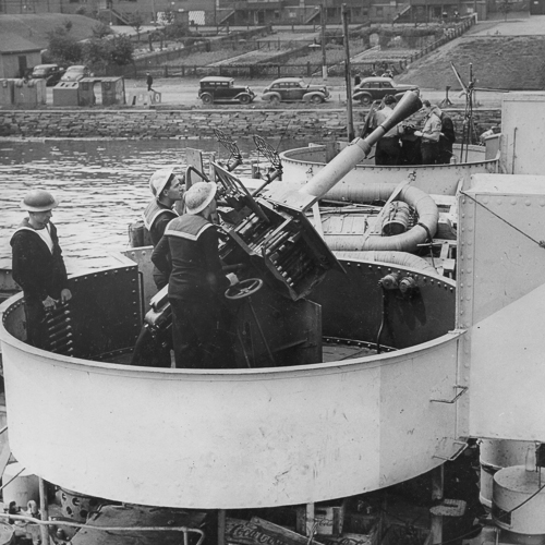 An old black and white photo of men on a boat taken at the Canadian War Museum in Ottawa.