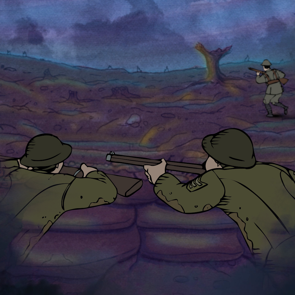 A cartoon of two soldiers in a trench.