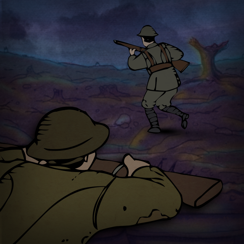 A cartoon of soldiers with rifles in trenches.