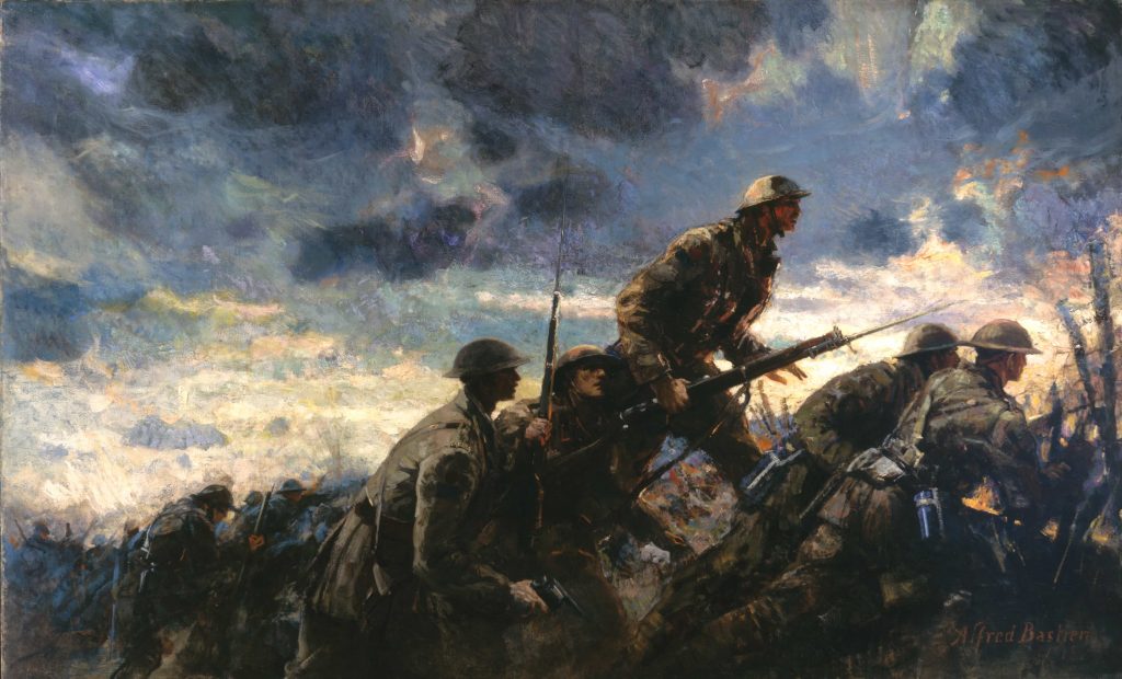 A painting of soldiers climbing "over the top" from a trench.