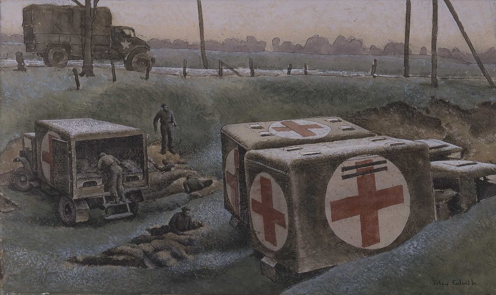 A painting of a group of soldiers in the Canadian War Museum.