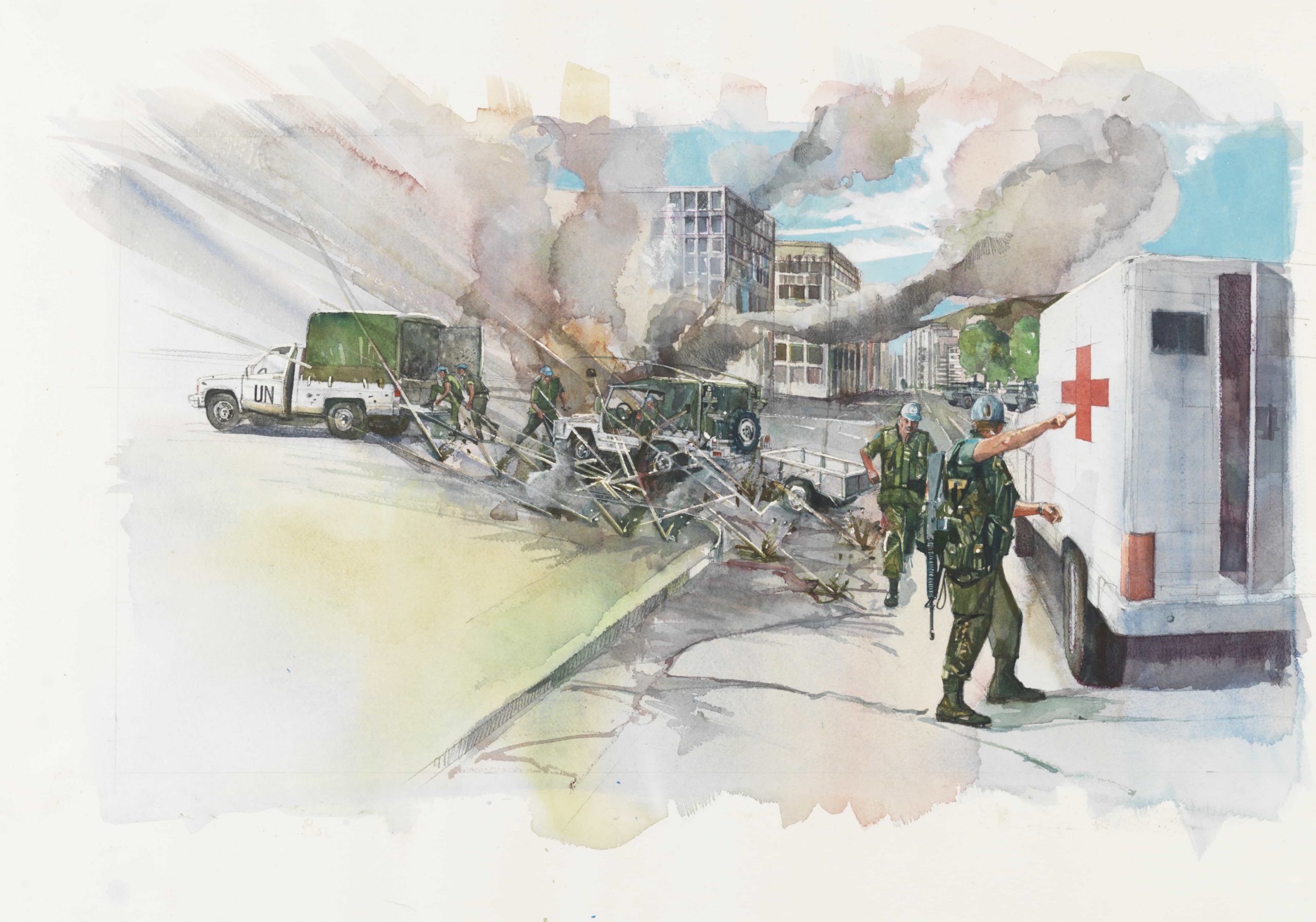 A watercolor painting of a group of soldiers repairing a military vehicle.