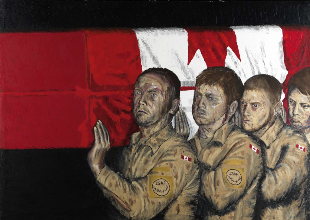 A painting of a group of men holding a casket draped with a Canadian flag.