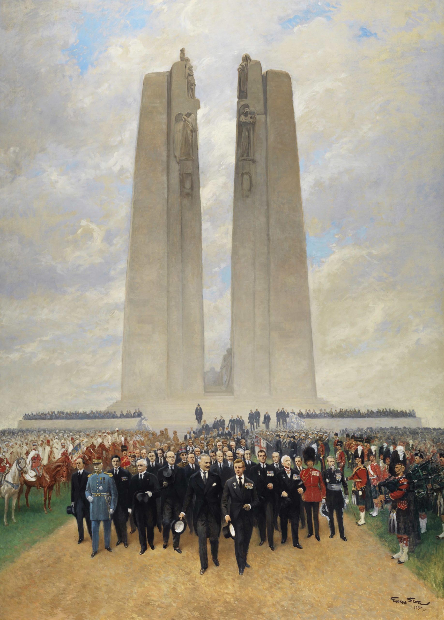 A painting of a group of people standing in front of the Vimy Ridge monument.