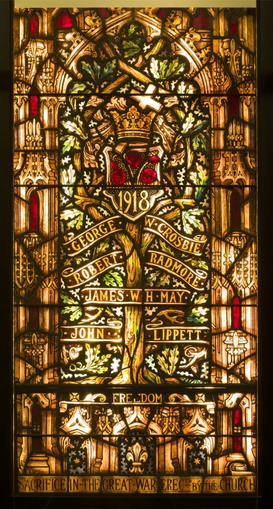 A stained glass window depicting a tree of life at the Canadian War Museum in Ottawa.