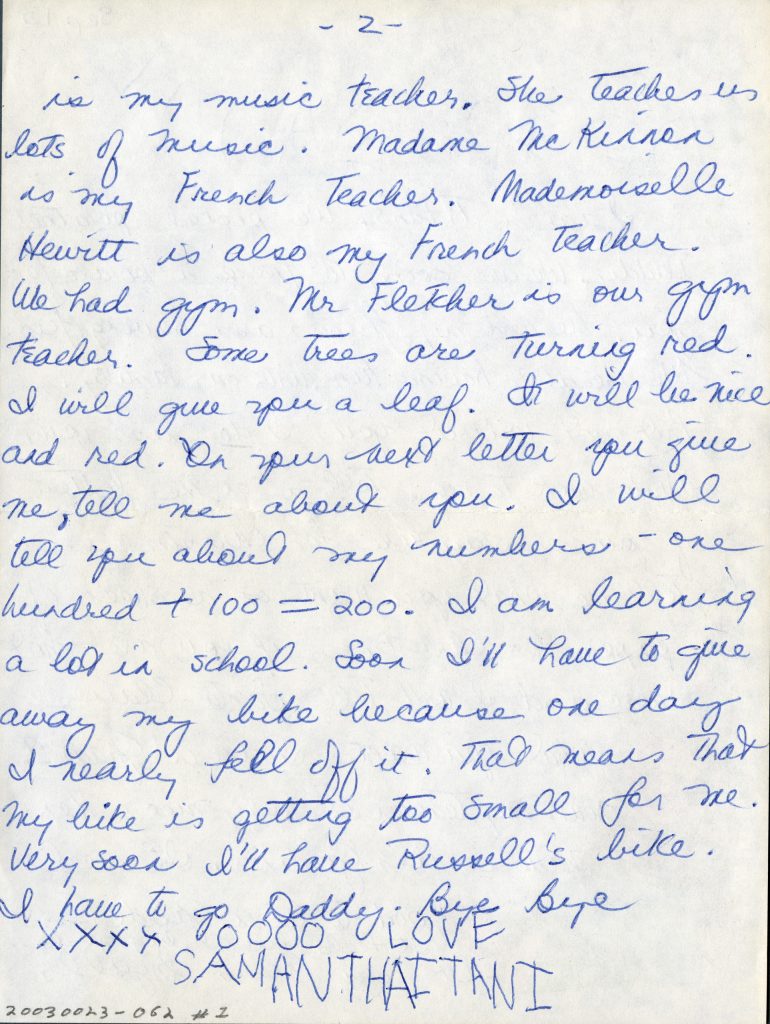 A letter written in blue ink on a piece of paper at the Canadian War Museum in Ottawa.