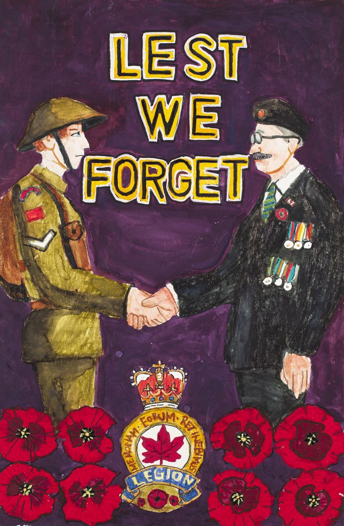 A drawing of two men shaking hands with the words "lest we forget" at the Canadian War Museum in Ottawa.