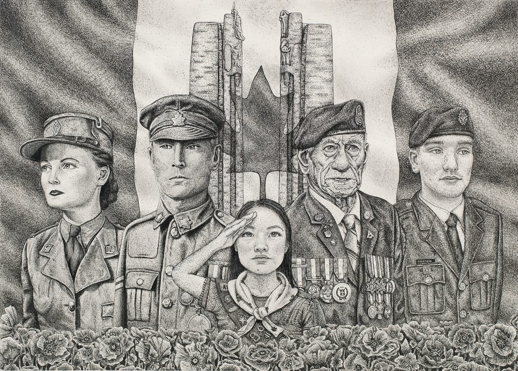 A black and white drawing of a group of people in uniform, located in Ottawa at the Canadian War Museum.