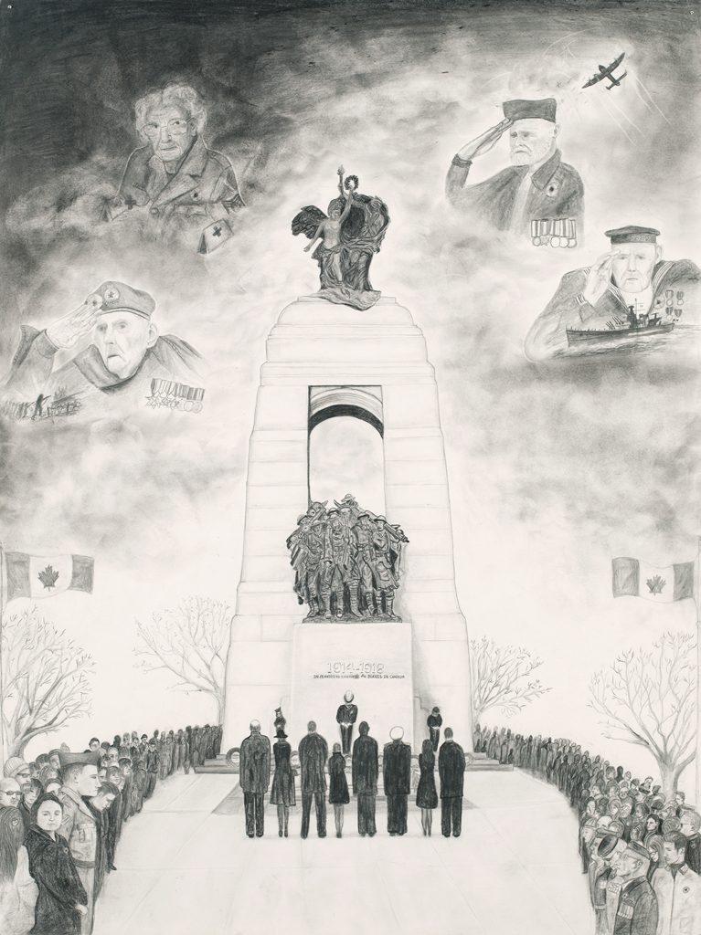 A black and white drawing of a group of people in front of the Canadian War Museum.