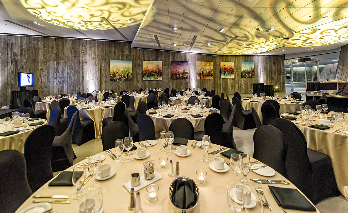 Tables set banquet-style at the Canadian War Museum.