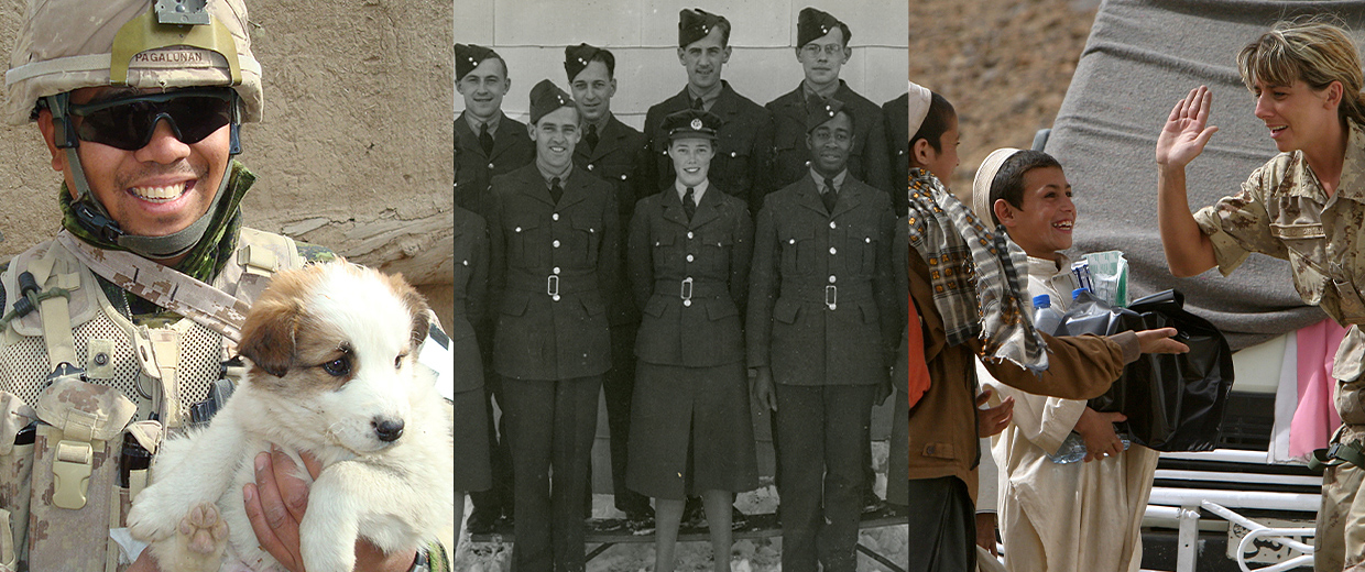 Three photo frames side by side: a solider and puppy, a group of soldiers, and a soldier high fiving children in the Middle East.